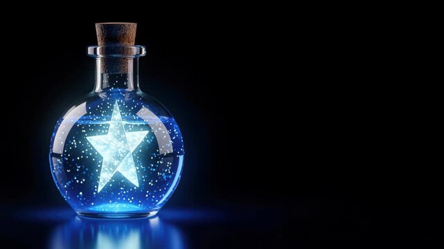 Magical Potion with Glowing Star: A crystal clear bottle filled with luminous liquid, containing a radiant glowing star, casting an ethereal blue light against a dark background.