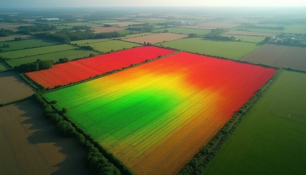 Aerial view farmland with vibrant heatmap overlay. Fields display color gradients indicating crop health data. Precision farming utilizes technology for yield analysis, resource management. Modern