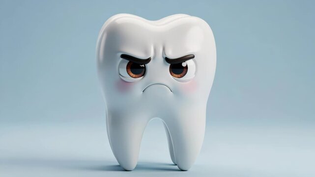 Sad Tooth Emoji: A cartoon tooth with an angry frown and rosy cheeks, representing dental pain or decay, set against a soft blue backdrop.
