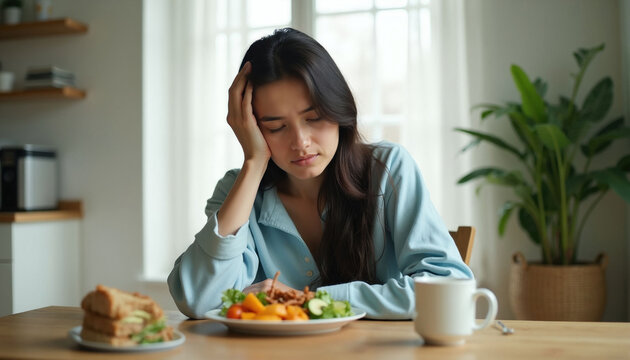 Tired woman eats alone at kitchen table. Female feels low energy during meal, struggles with fatigue. Sad person rests head on hand, experiencing lethargy, loss of appetite.