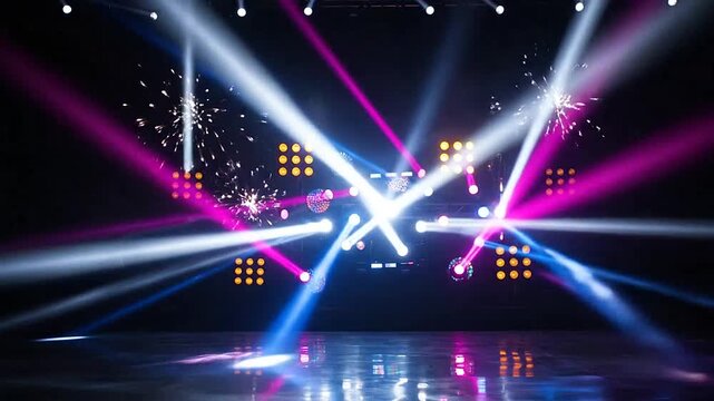 Vibrant stage lighting with colorful beams and spotlights on a dark background
