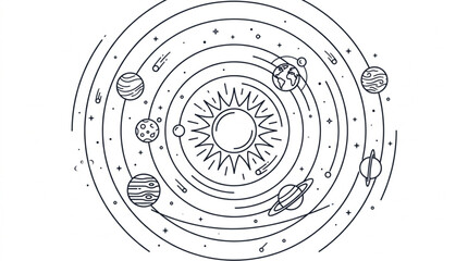 Stylized Solar System Diagram with Sun and Planets Orbiting. © Gabut