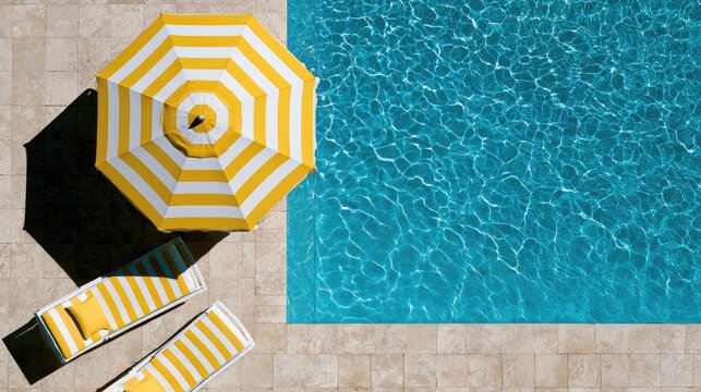 Bright umbrella and lounge chairs next to a sparkling swimming pool