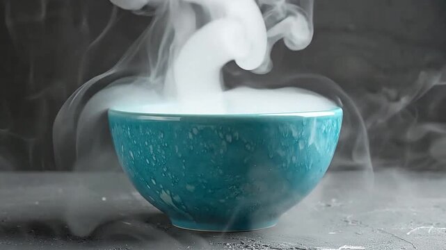 A blue ceramic bowl sits on a dark surface with thick white steam rising from it