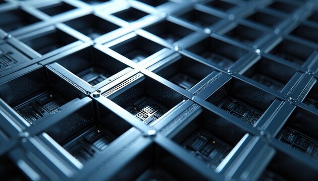 Abstract macro view of metallic grid structure with microchips inside. Modern data center server racks or advanced computer hardware close-up. Tech industry innovation abstract background.