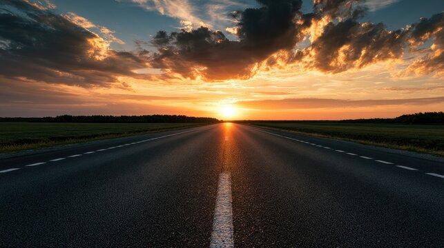 Empty highway stretches toward a fiery sunset under dramatic clouds