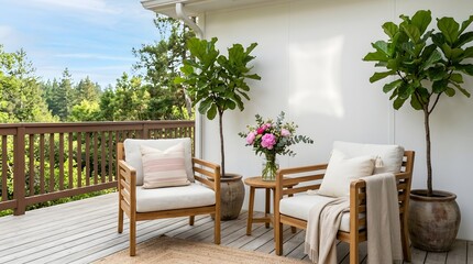 Fototapeta premium Cozy Balcony Seating Area with Potted Plants