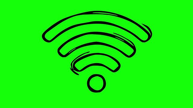 Hand drawn wifi internet signal icon featuring a continuous line boil animation effect, designed with plain black fill on a solid green screen chroma key background for easy integration