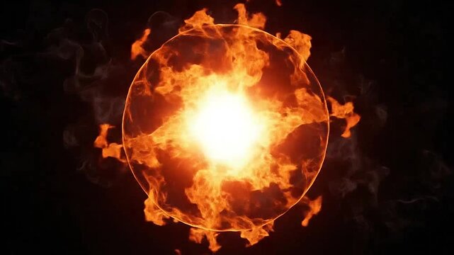 A powerful glowing fireball exploding with intense orange flames against a dark background