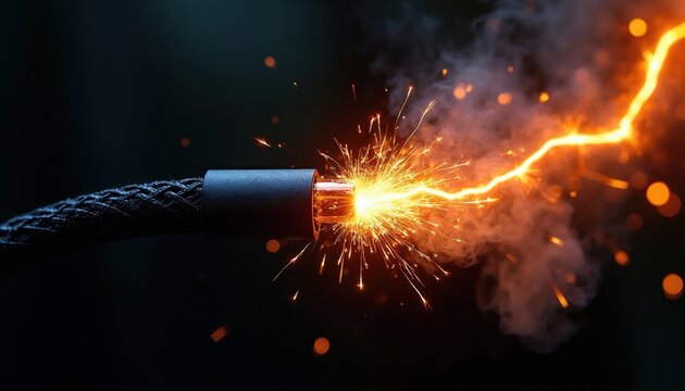 Close-up of sparking electrical wire emitting smoke and bright orange light. Shows power surge, energy discharge, and danger of overloaded circuits. High voltage arc.