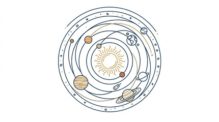 Stylized Solar System Illustration with Planets Orbiting Sun. © Andini