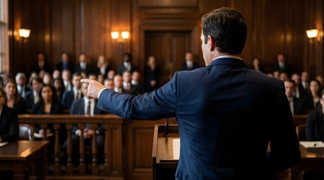 Confident male lawyer in a blue suit pointing his finger during an intense legal trial inside a traditional wooden courtroom