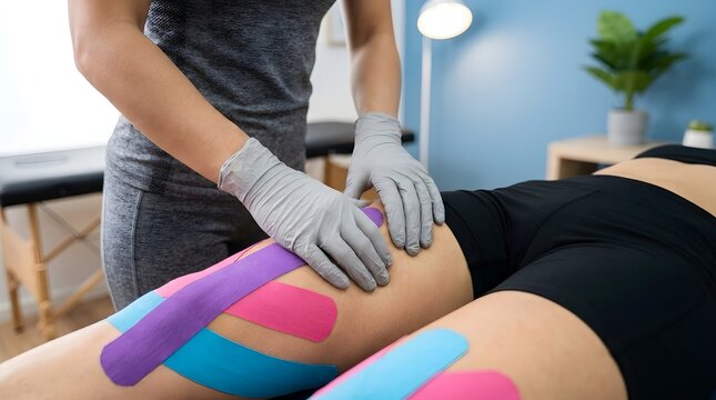 Professional physical therapist applying colorful kinesiology tape onto a patient leg during a clinical rehabilitation session in a bright office