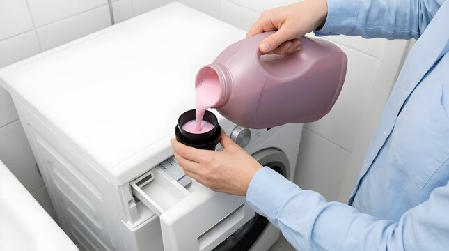 Person pouring pink liquid laundry detergent from a plastic bottle into a measuring cap before starting the washing machine cycle