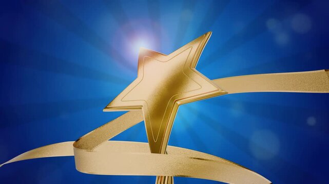 Winners' Cup. Award for outstanding achievement. Victory. Achievements. Business achievements. Teamwork. Winner's certificate. Gold star on a blue background as an award. Goal achievement concept.