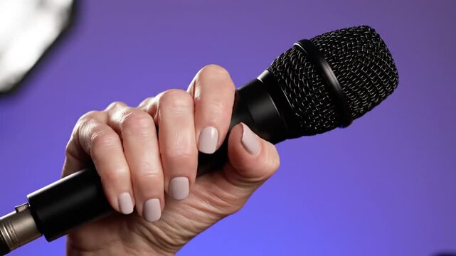 Hand Holding Microphone against Purple Background with Focus on the Color Very Peri