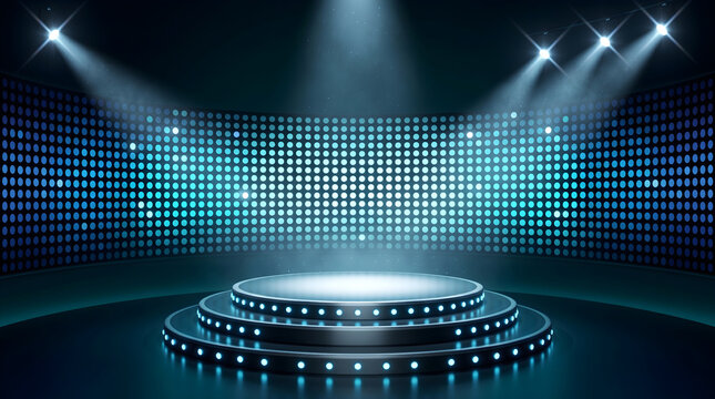 Futuristic illuminated stage with a central awards podium. Achievement ceremony, entertainment event, modern presentation, success concept.