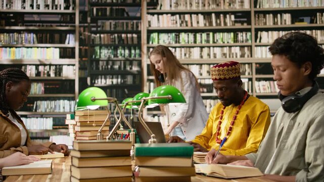 Black mature student typing on desktop monitor in library computer lab, african traditional clothing and accessories during computer class, adult at computer screen during study session.