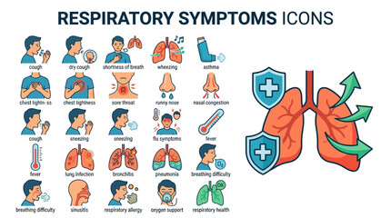 Fototapeta premium Detailed illustration of human lungs and respiratory symptoms icons.
