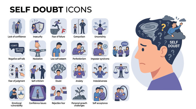 Portrait of a thinking person surrounded by self doubt icons.