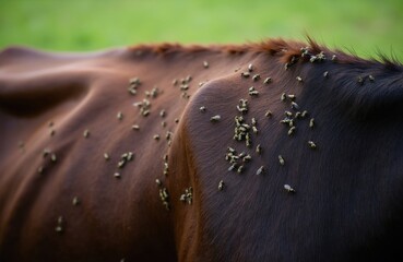 Fototapeta premium Flies swarm on brown cow hide in summer field. Insect pests crawl on mammal fur in green pasture. Rural farm life detail shows nature annoyance up close.