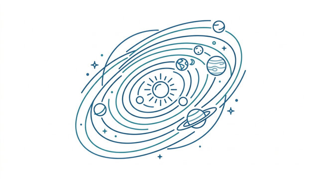 Stylized Solar System with Sun and Planets Orbiting.