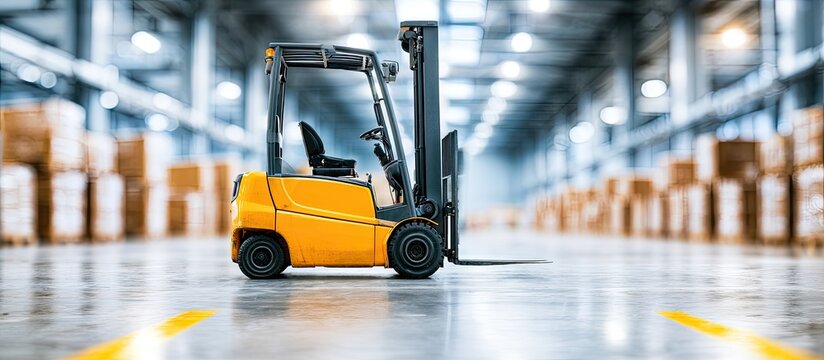 Yellow forklift stands in a large warehouse filled with stacks of boxes