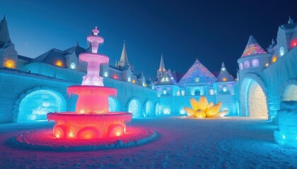 Fototapeta premium Illuminated ice hotel complex at night with glowing sculptures and colorful lights. A fountain and lotus flower art piece are visible. Winter wonderland architecture in snowscape.