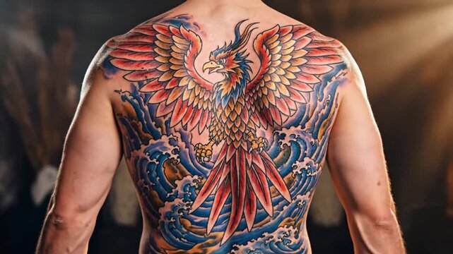 Colorful phoenix tattoo on person's back traditional Japanese style