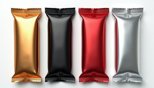 Four metallic snack bar wrappers, gold, black, red, and silver, stand on a clean white surface. These blank packs await your custom logo and branding for food or candy products.