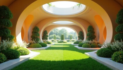 Fototapeta premium Organic modern architecture features garden tunnel with lush green grass and manicured plants. Light streams through arches, creating a futuristic botanical sanctuary.