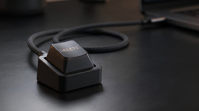 A delete key button is attached to a device with a cable connected to a laptop, symbolizing data deletion or system reset