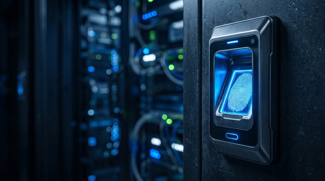 Close-up of a biometric fingerprint scanner mounted on a dark server rack, glowing with a cool blue light. The scanner indicates secure access in a data center