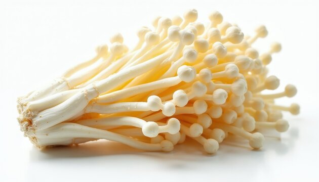 Bunch of enoki mushrooms with long white stems and small caps shown closeup on a plain white background. These edible fungi are ready for cooking and culinary use.