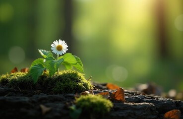 Obraz premium Small white daisy flower grows from mossy ground. Green leaves sprout upwards. Sunlight illuminates nature scene. Autumn leaves lie nearby. Gentle light dapples forest floor background.