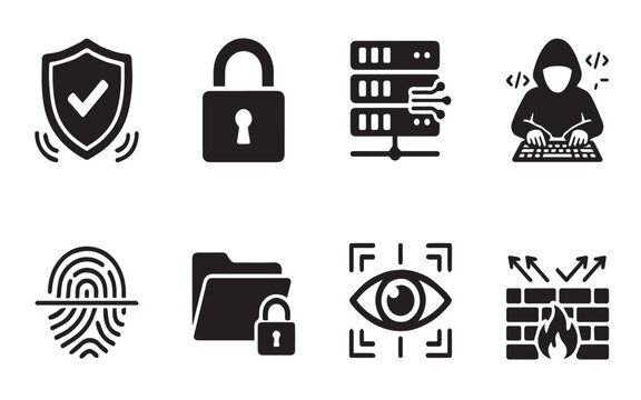 Cybersecurity and network data protection icon set, black silhouette digital privacy shields, secure servers, and biometric authentication symbols on white background