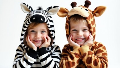 Fototapeta premium Two kids in animal pajamas smile at camera. Boy wears giraffe outfit, girl wears zebra costume. Siblings enjoy playtime indoors, happy childhood memories, fun dress up.