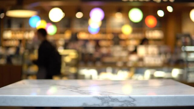 Empty Marble Table in Front of Blurry Cafe Background with Colorful Lights and Customers