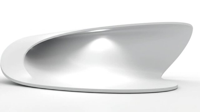 Abstract white minimalist sculpture with a concave space and soft lighting against a plain backdrop