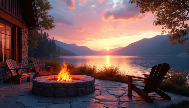 Cozy patio with stone fire pit and chairs faces calm lake at sunset. Mountains and trees frame distant horizon under colorful sky. Relaxing evening by water.