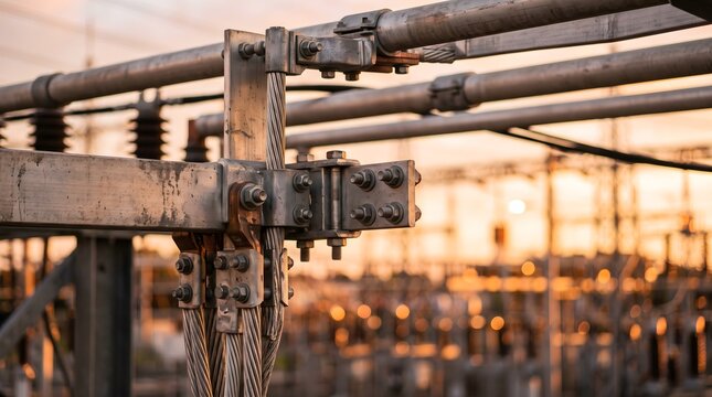 Detail Shot of Overhead Busbars and a Bolted Aluminum Connector at an Electrical Substation With a Blurred Switchyard in Golden Hour Light