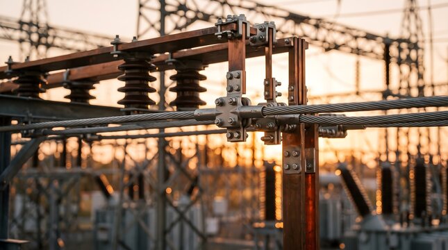 Detail Shot of Overhead Busbars and Stranded Conductors With a Bolted Clamp Connector at an Electrical Substation in Warm Sunset Light