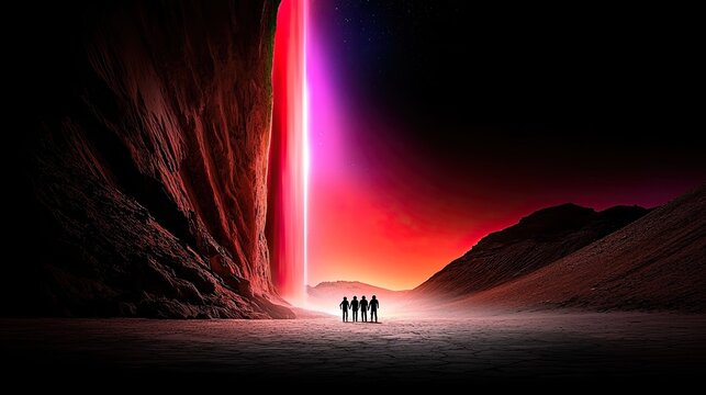 Silhouette of People Walking Toward a Glowing Neon Portal in a Desert Landscape
