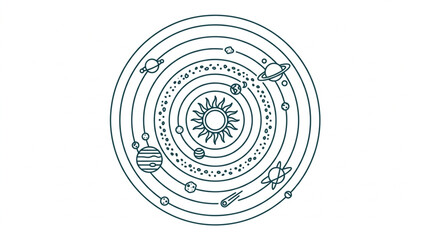 Stylized Solar System Diagram with Planets and Sun. © Topan