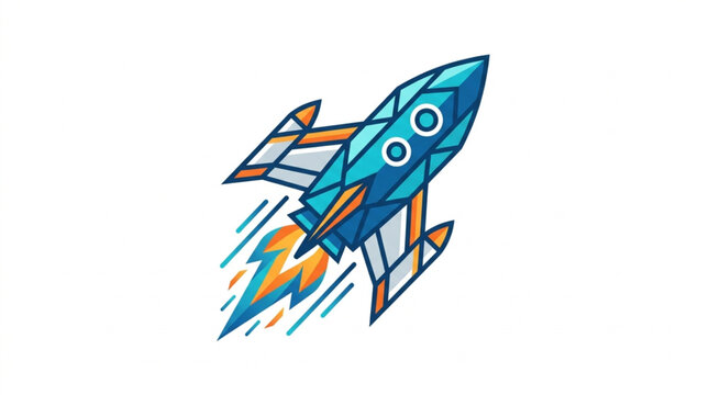 Stylized blue rocket ship blasting off with fiery exhaust.