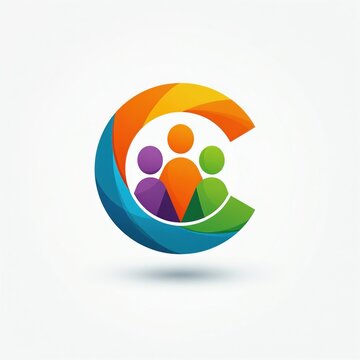 Abstract logo shows colorful gradient letter C with three people figures inside. Symbolizes family care community support connection healthcare wellness and parenting. Modern creative emblem.