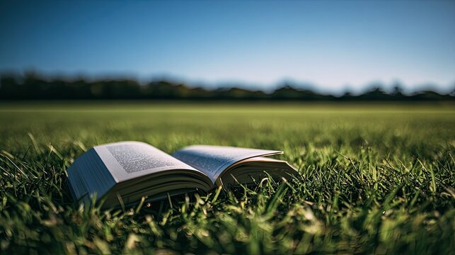 An open book rests in lush green grass under a clear blue sky