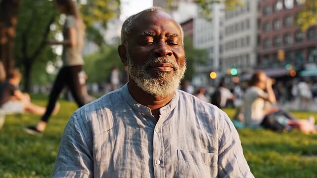 Senior Black man meditating peacefully in urban park at golden hour