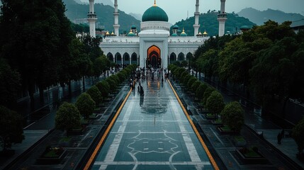 Obraz premium Beautiful Mosque Courtyard in Rainy Weather