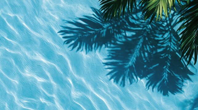 Sunlight patterns dance on rippling blue water, palm fronds cast shadow